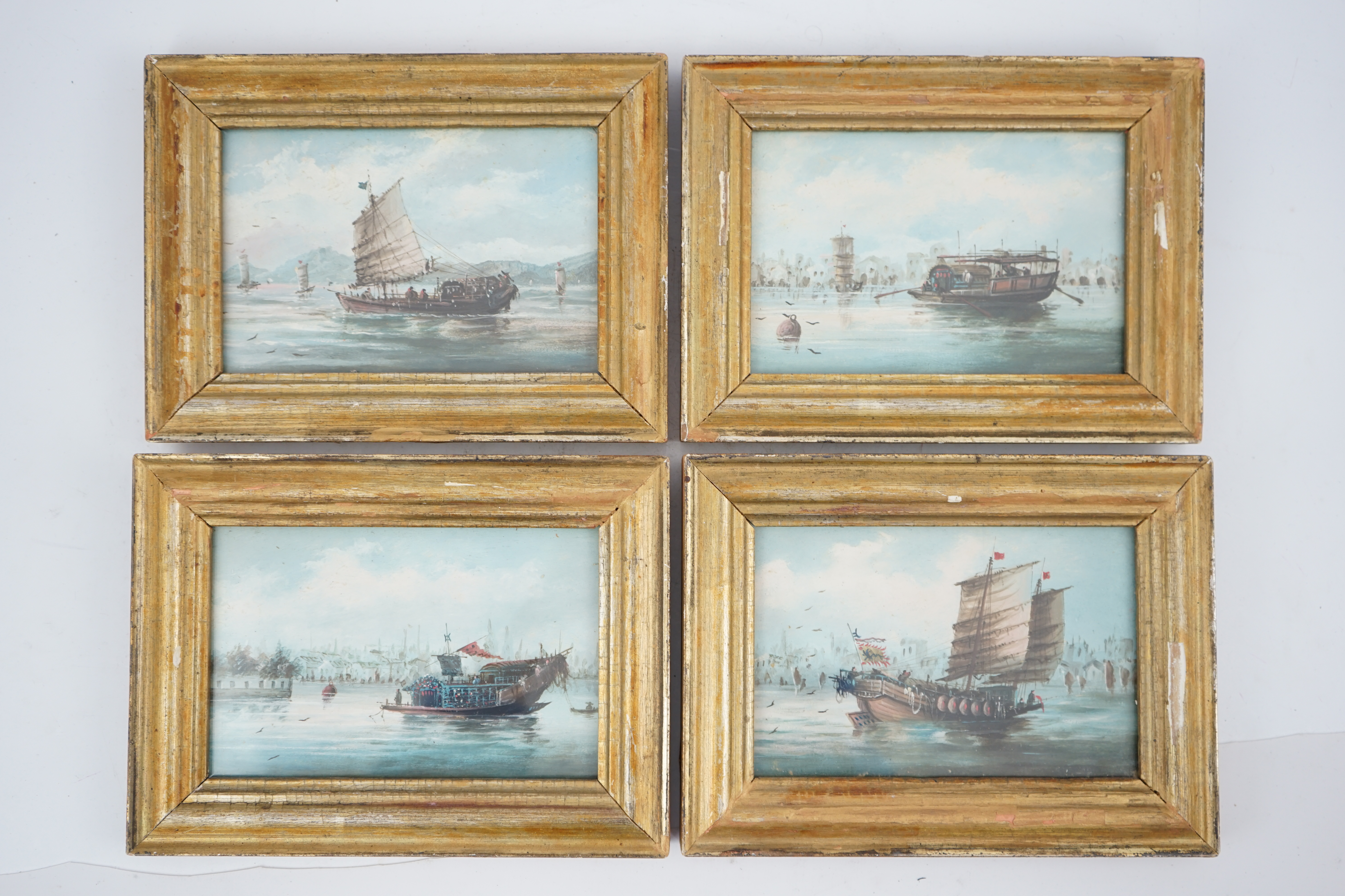 Chinese school, late 19th century, a set of four oils on board, shipping in Chinese harbours